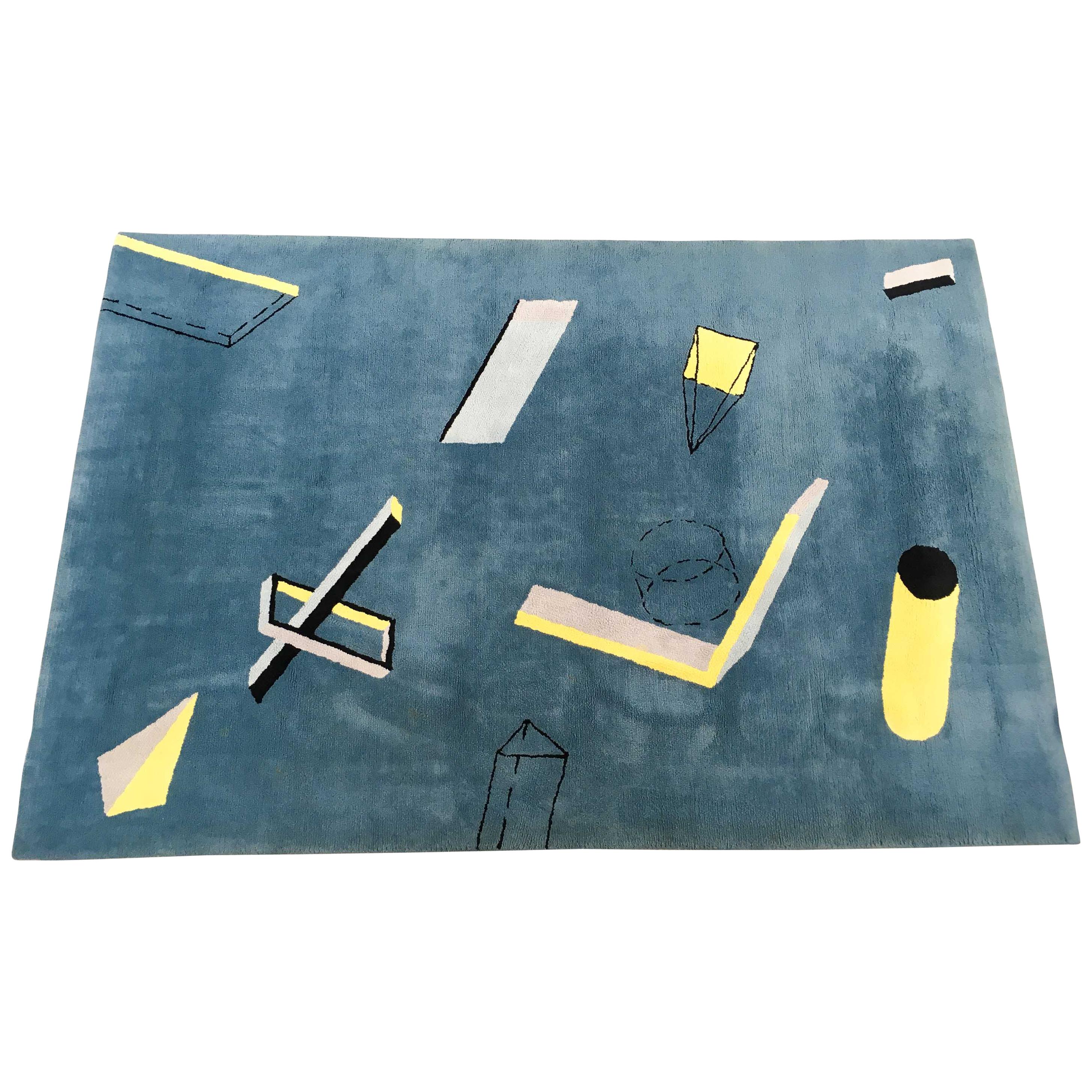 Tapis en laine architectural géométrique Bauhaus Memphis Art, bleu, jaune et gris  en vente