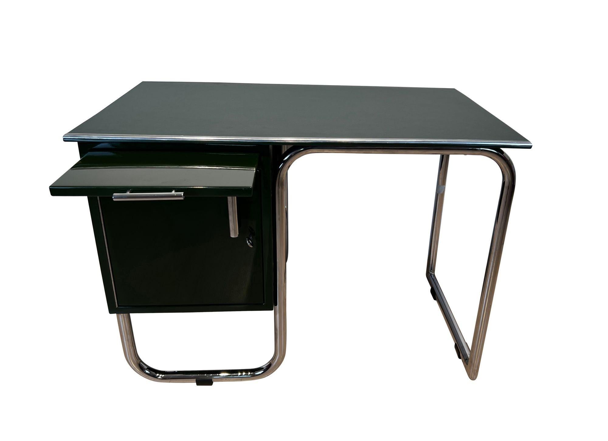 Bauhaus Metal and Steeltube Desk, Green Lacquer, Nickel, Germany circa  1920/30 For Sale at 1stDibs