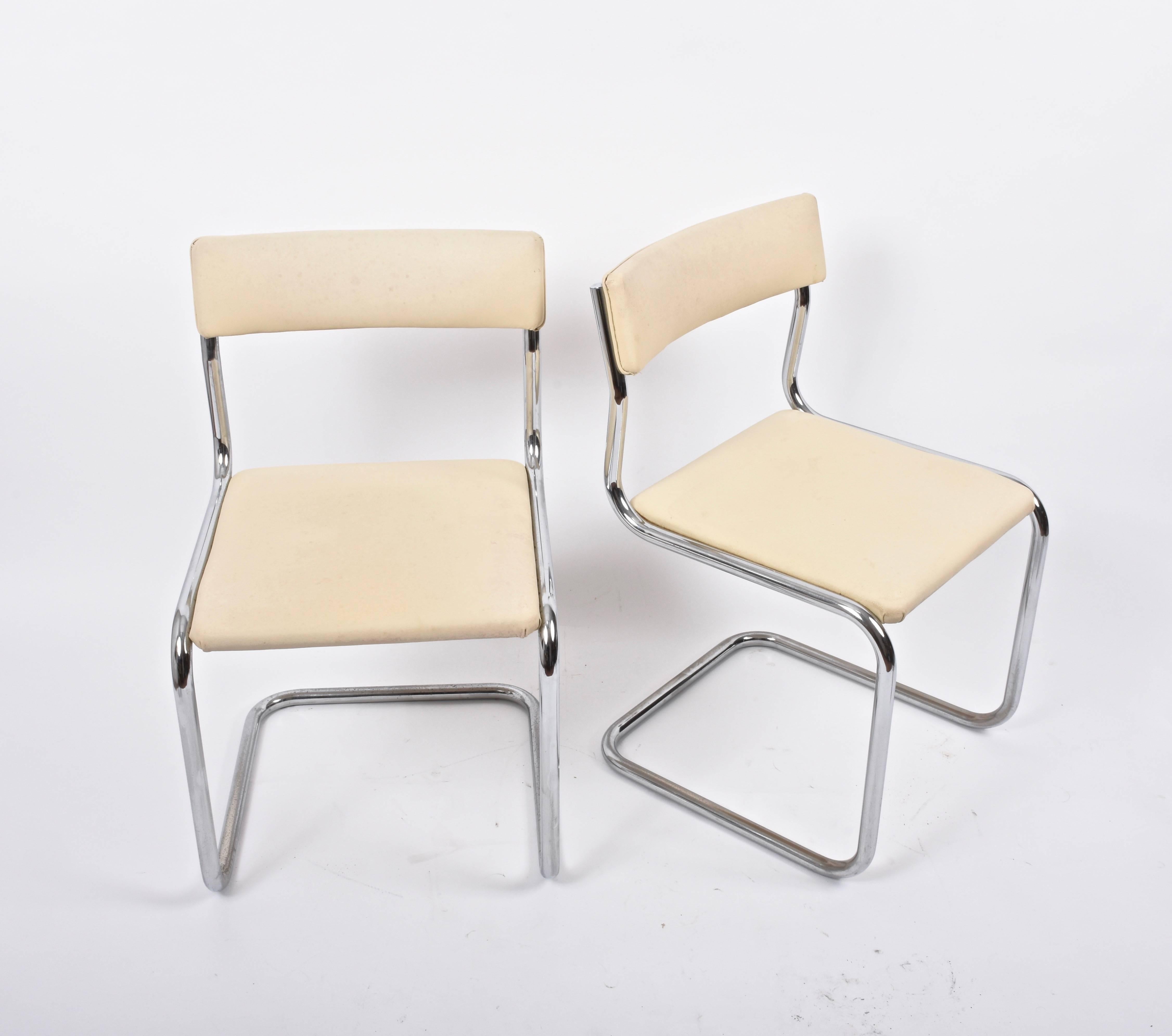 Bauhaus Metal and White Faux Leather Italian Chairs in Breuer Style, 1970s In Good Condition In Roma, IT