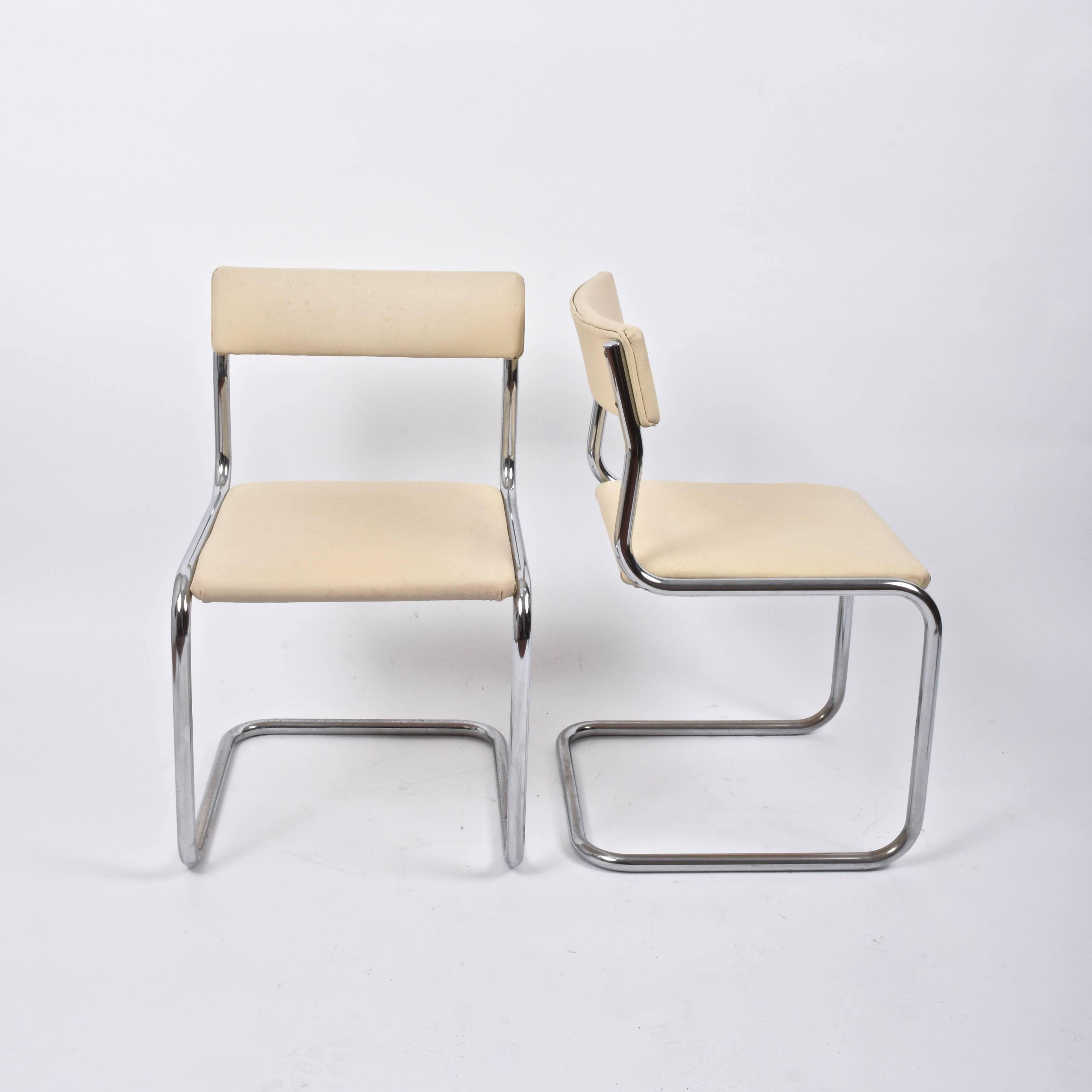 20th Century Bauhaus Metal and White Faux Leather Italian Chairs in Breuer Style, 1970s