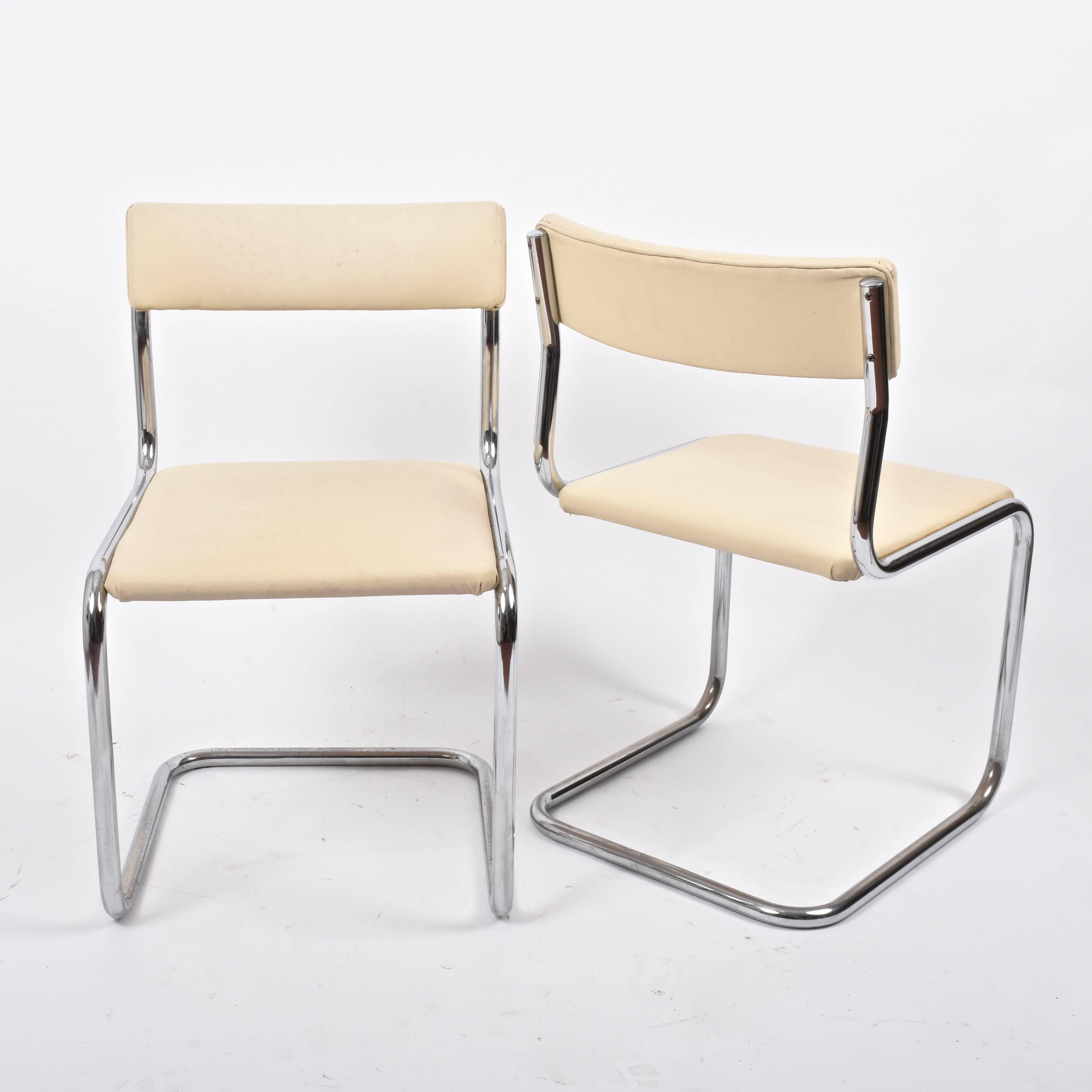 Steel Bauhaus Metal and White Faux Leather Italian Chairs in Breuer Style, 1970s
