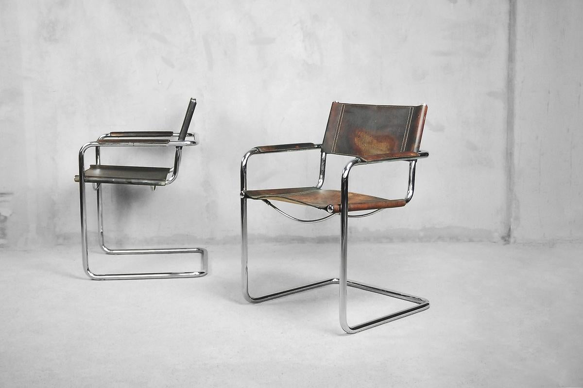Italian Bauhaus MG5 Leather Chairs by Matteo Grassi for Centro Studio, 1960s, Set of 4 For Sale