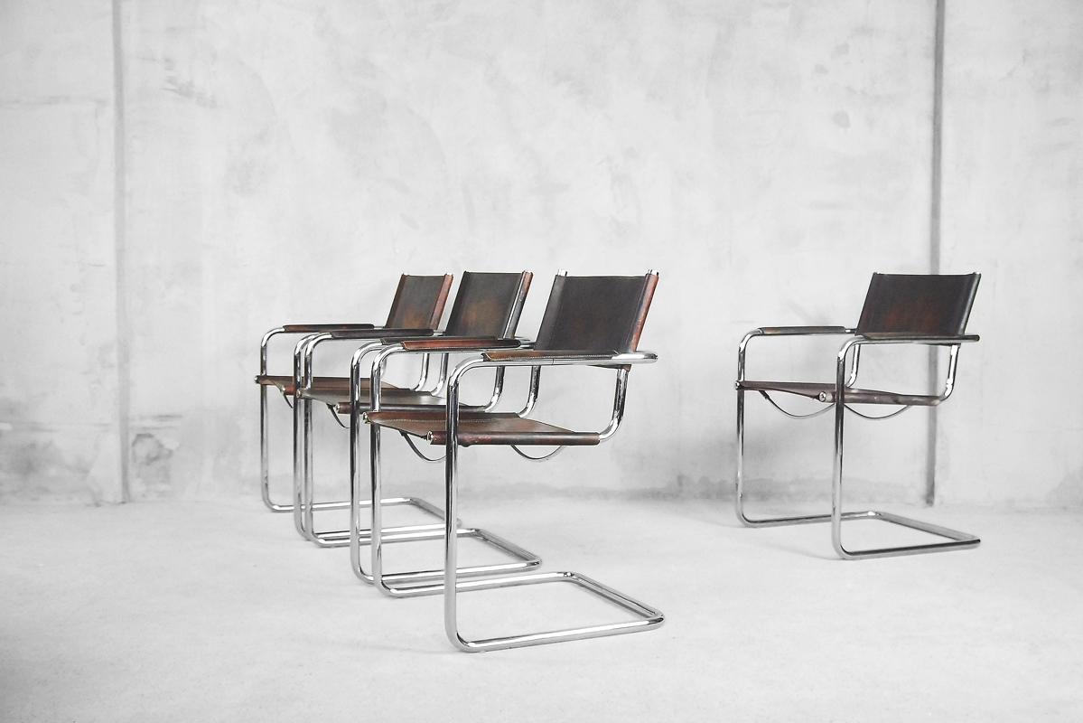 Bauhaus MG5 Leather Chairs by Matteo Grassi for Centro Studio, 1960s, Set of 4 In Good Condition For Sale In Warsaw, PL
