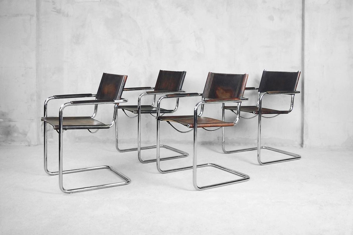 20th Century Bauhaus MG5 Leather Chairs by Matteo Grassi for Centro Studio, 1960s, Set of 4 For Sale
