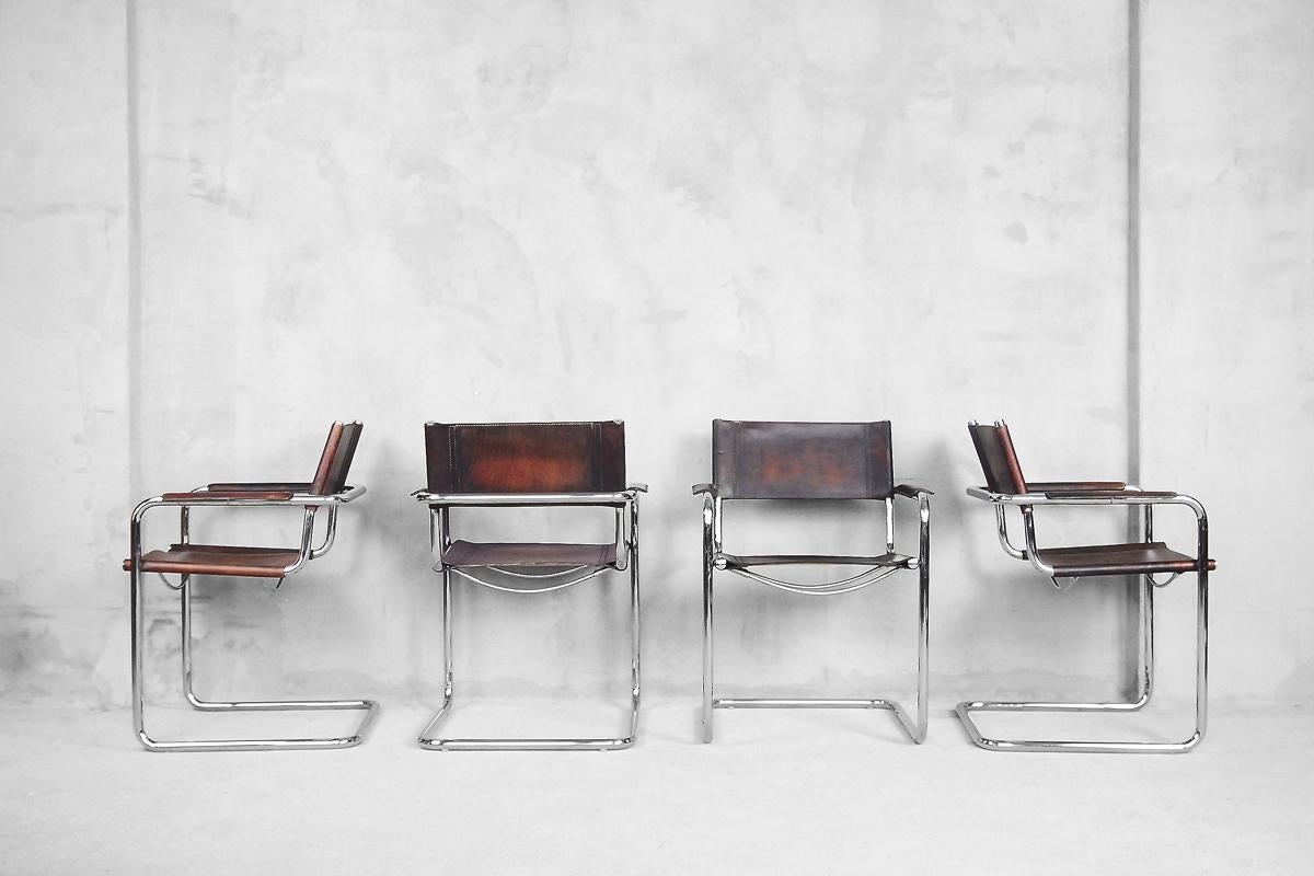 Bauhaus MG5 Leather Chairs by Matteo Grassi for Centro Studio, 1960s, Set of 4 For Sale 1
