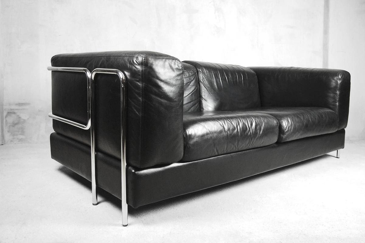 Bauhaus Minimalist Leather Tubular Sofa by Pethrus Lindlöf for Lindlöfs Möbler For Sale 11