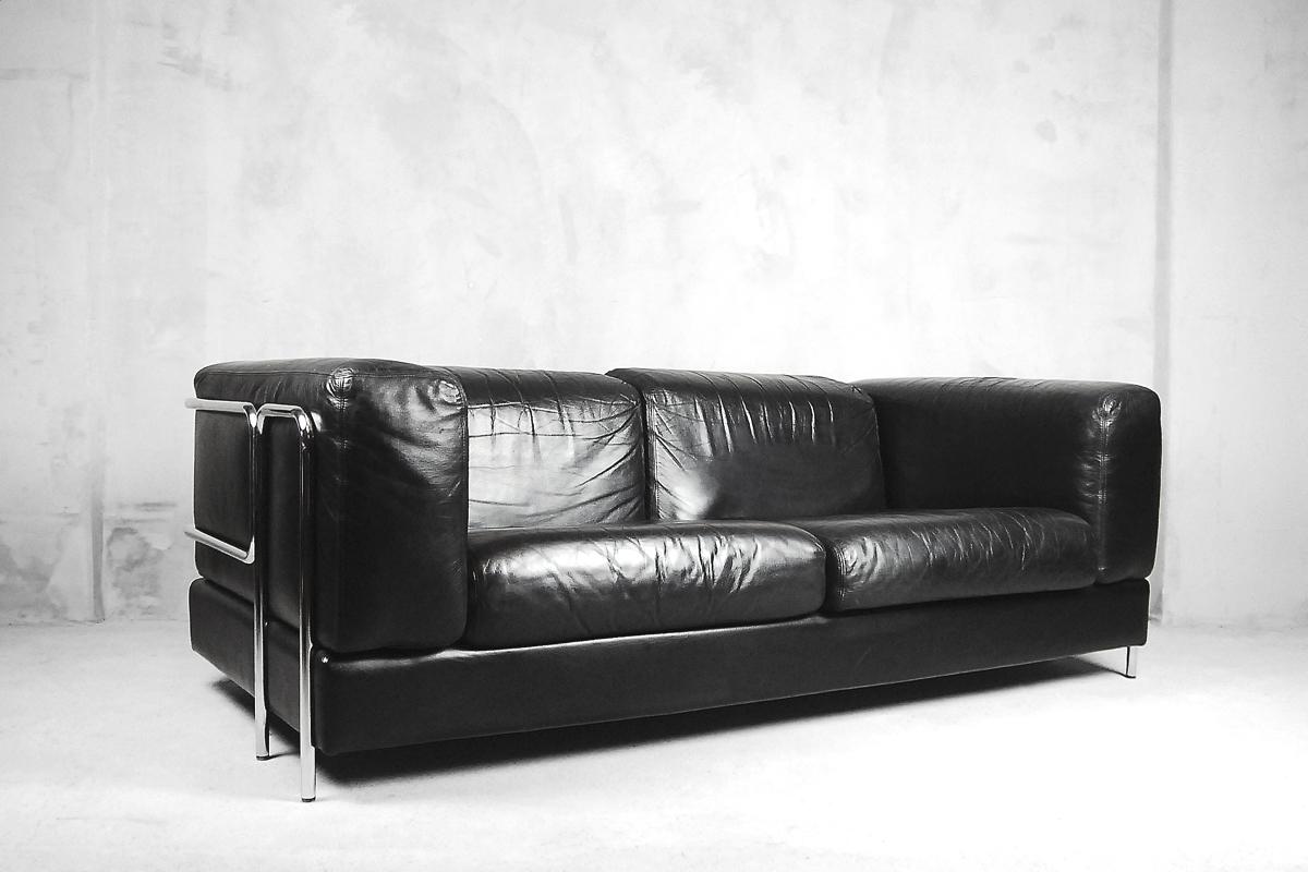 Bauhaus Minimalist Leather Tubular Sofa by Pethrus Lindlöf for Lindlöfs Möbler In Good Condition For Sale In Warsaw, PL