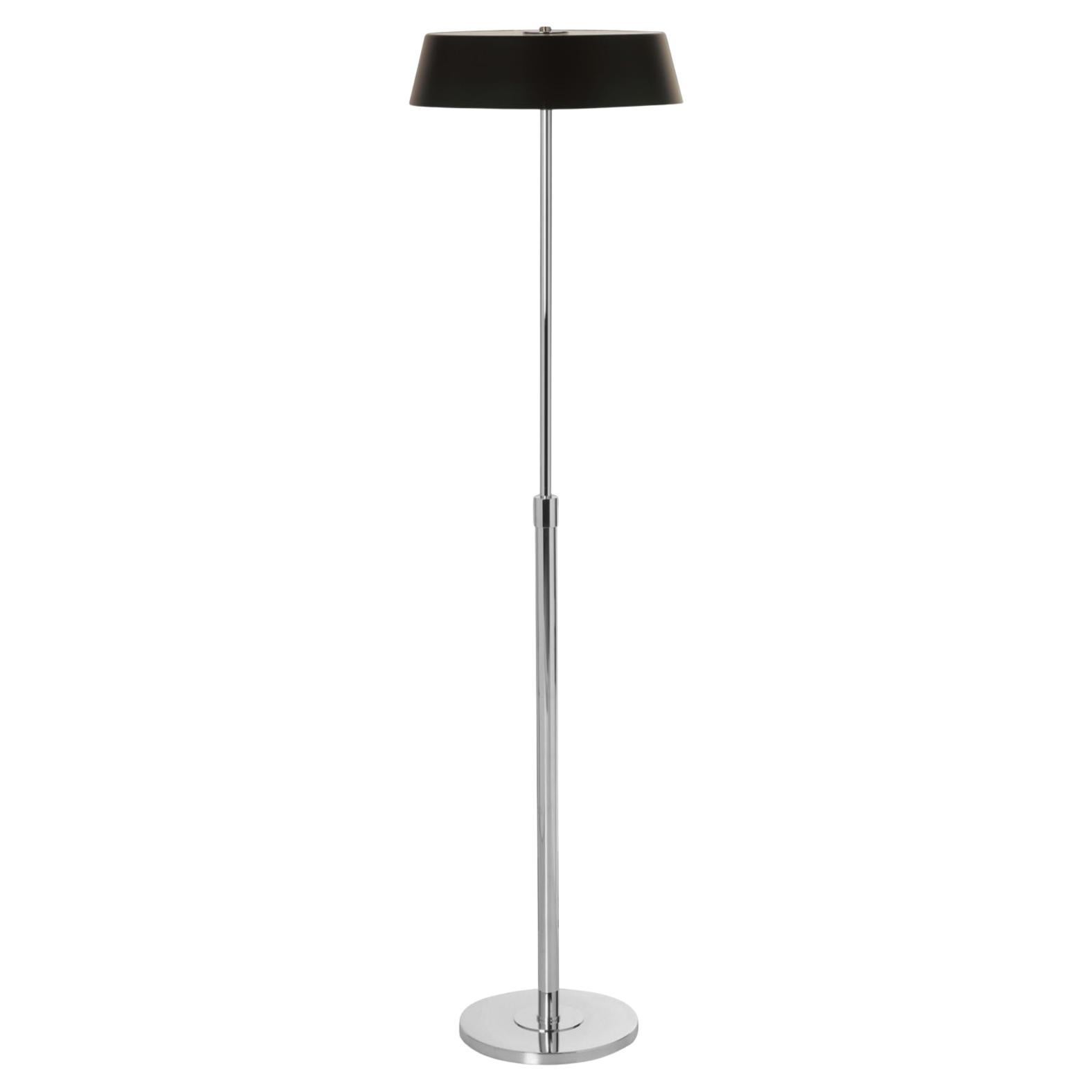 Bauhaus / Lampada da terra moderna in ottone con finitura cromata e paralume in metallo nero in vendita