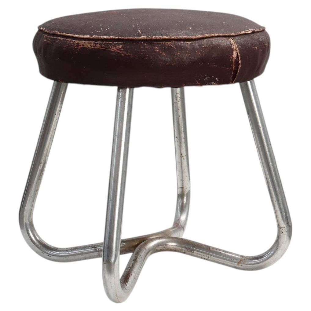 Bauhaus Modernist Stool with Chrome Tubular Frame and Leather Seat, Germany For Sale