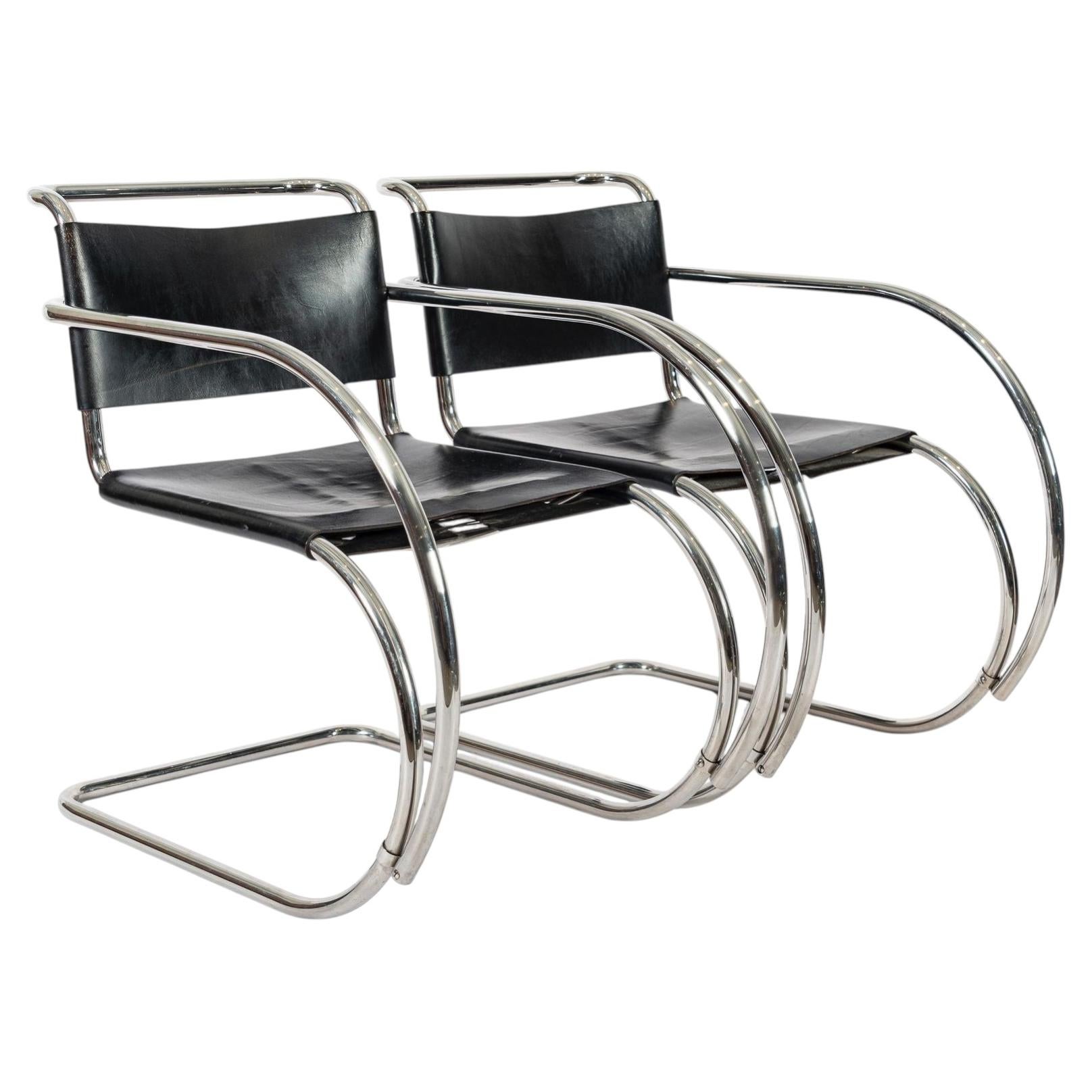Fauteuils en cuir noir Bauhaus MR 20 par Mies van der Rohe pour Knoll, 1979