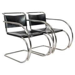 Bauhaus MR 20 Black Leather Arm Chairs by Mies van der Rohe for Knoll, 1979