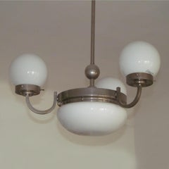 Bauhaus Nickel-Plated Brass Opal Globes Chandelier, Hungary, 1930s