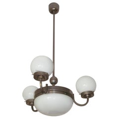 Bauhaus Nickel-Plated Brass Opal Globes Chandelier, Hungary, 1930s