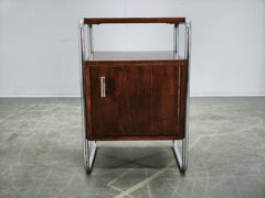 Bauhaus Oak and Chrome Tubular Nightstand, Czechoslovakia 1940s