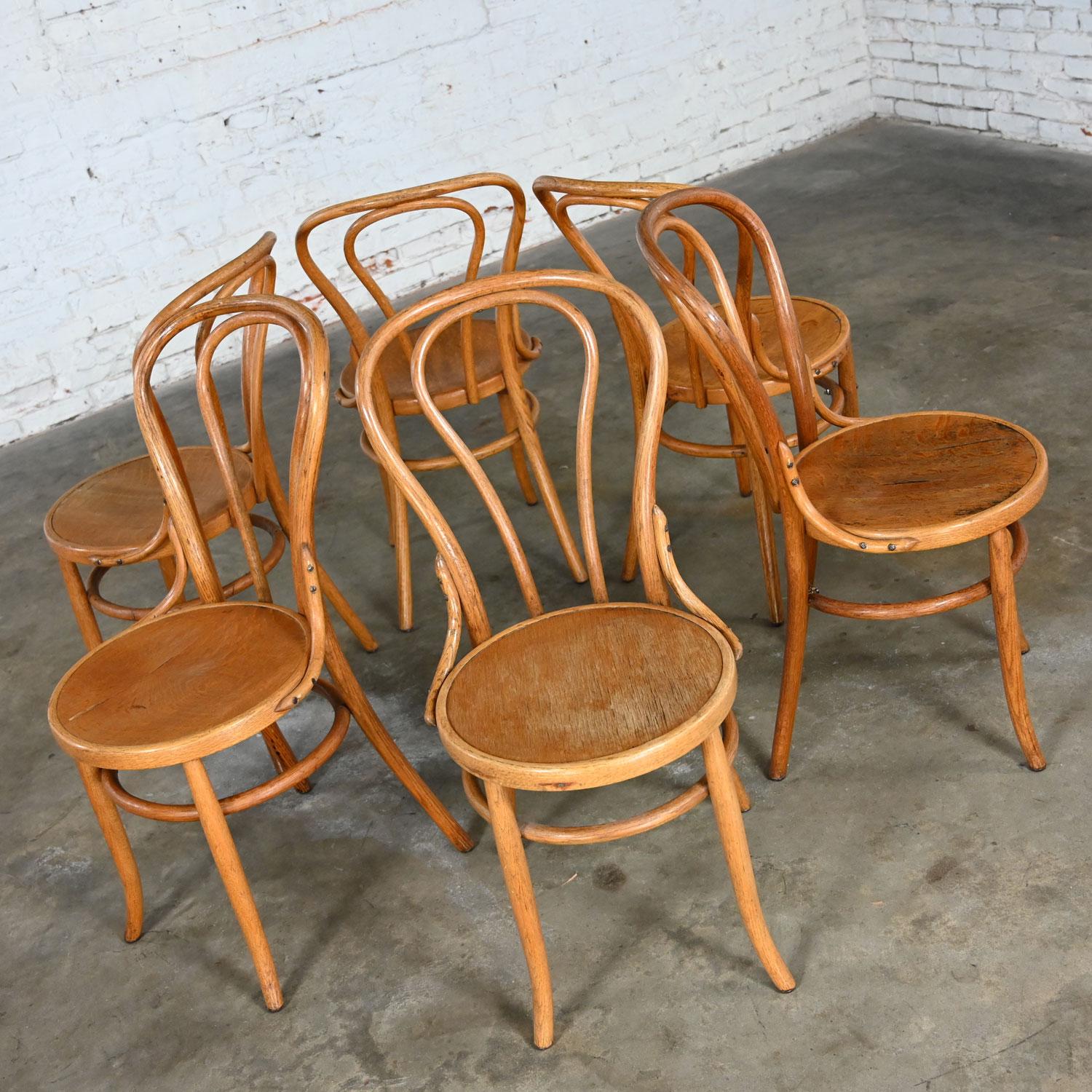 Handsome vintage Bauhaus style bentwood chairs attributed to Thonet #18 Café chair set of 6. These chairs have been attributed based upon archived research including online sources, vintage documentation and catalogs, designer literature, and other