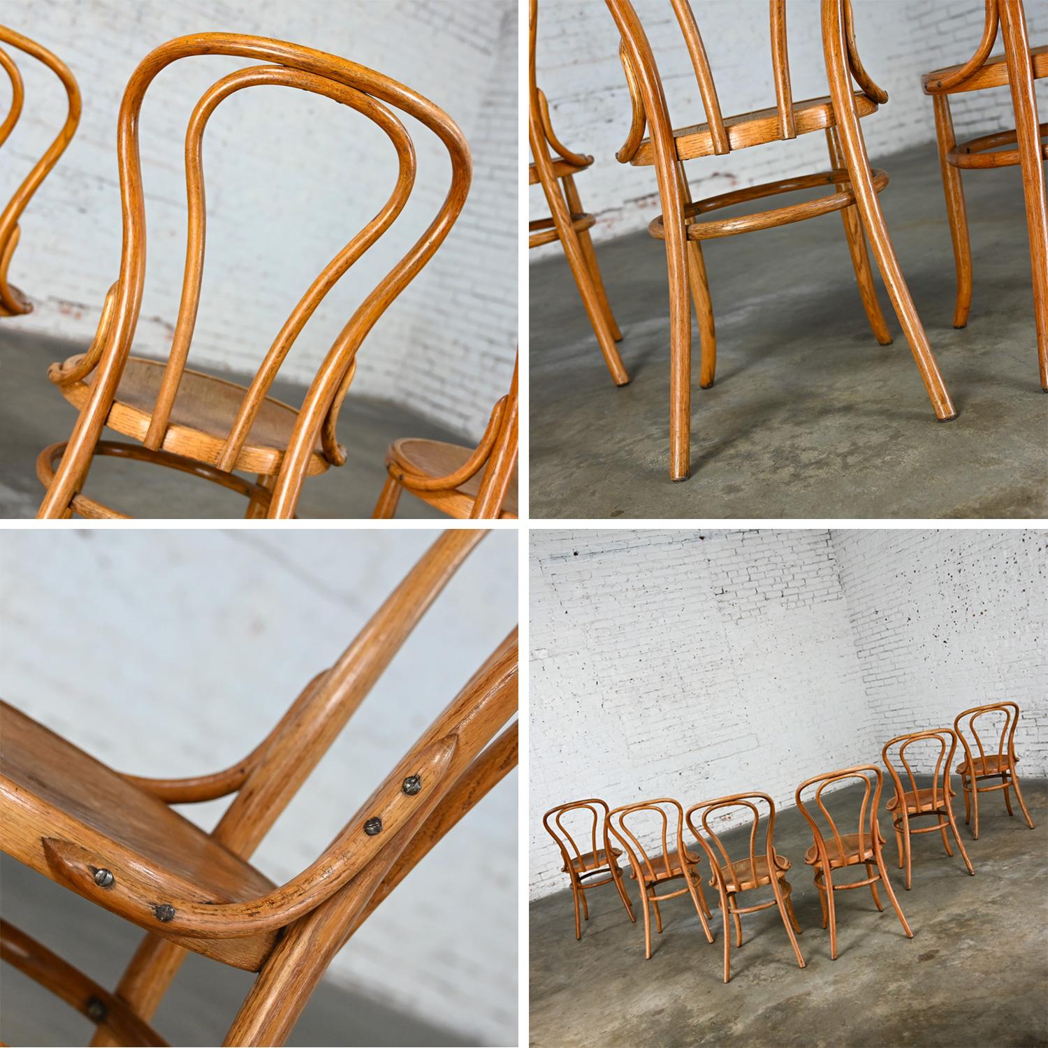 Bauhaus Oak Bentwood Chairs Attributed to Thonet #18 Café Chair Set of 6 For Sale 1