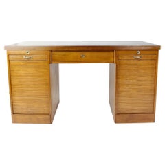 Vintage Bauhaus Oak Wood Desk With Roller Doors, Czechoslovakia 1940s