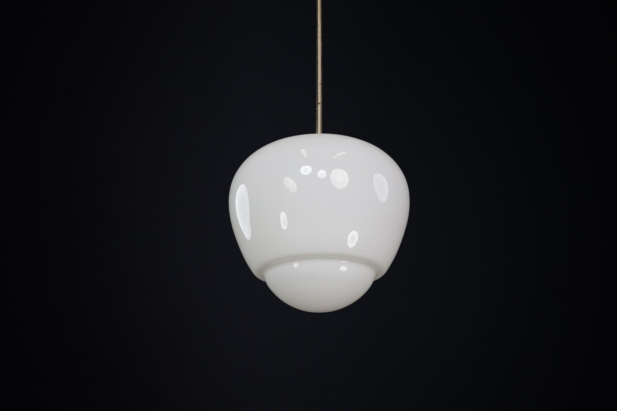 Mid-20th Century Bauhaus Opaline & Bakelite Pendant Lamp, Czech Republic 1950s For Sale