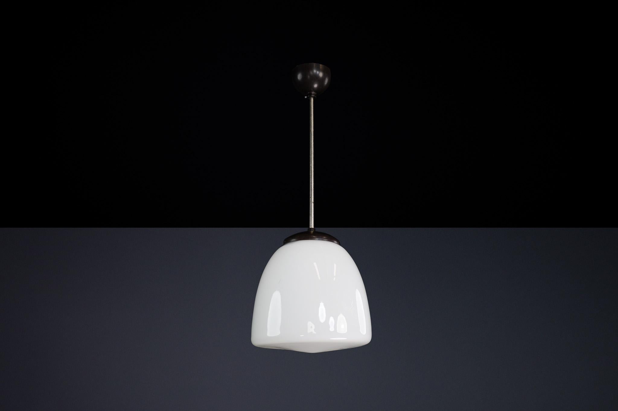 Mid-20th Century Bauhaus Opaline & Bakelite Pendant Lamp, Czech Republic 1950s For Sale