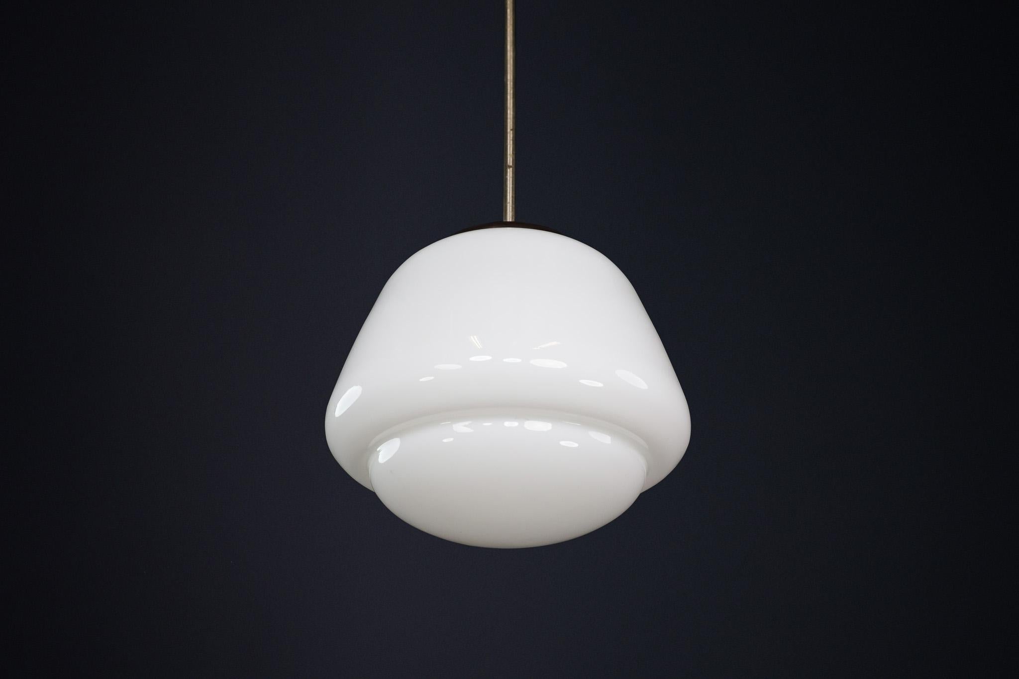 Opaline Glass Bauhaus Opaline & Bakelite Pendant Lamp, Czech Republic 1950s For Sale