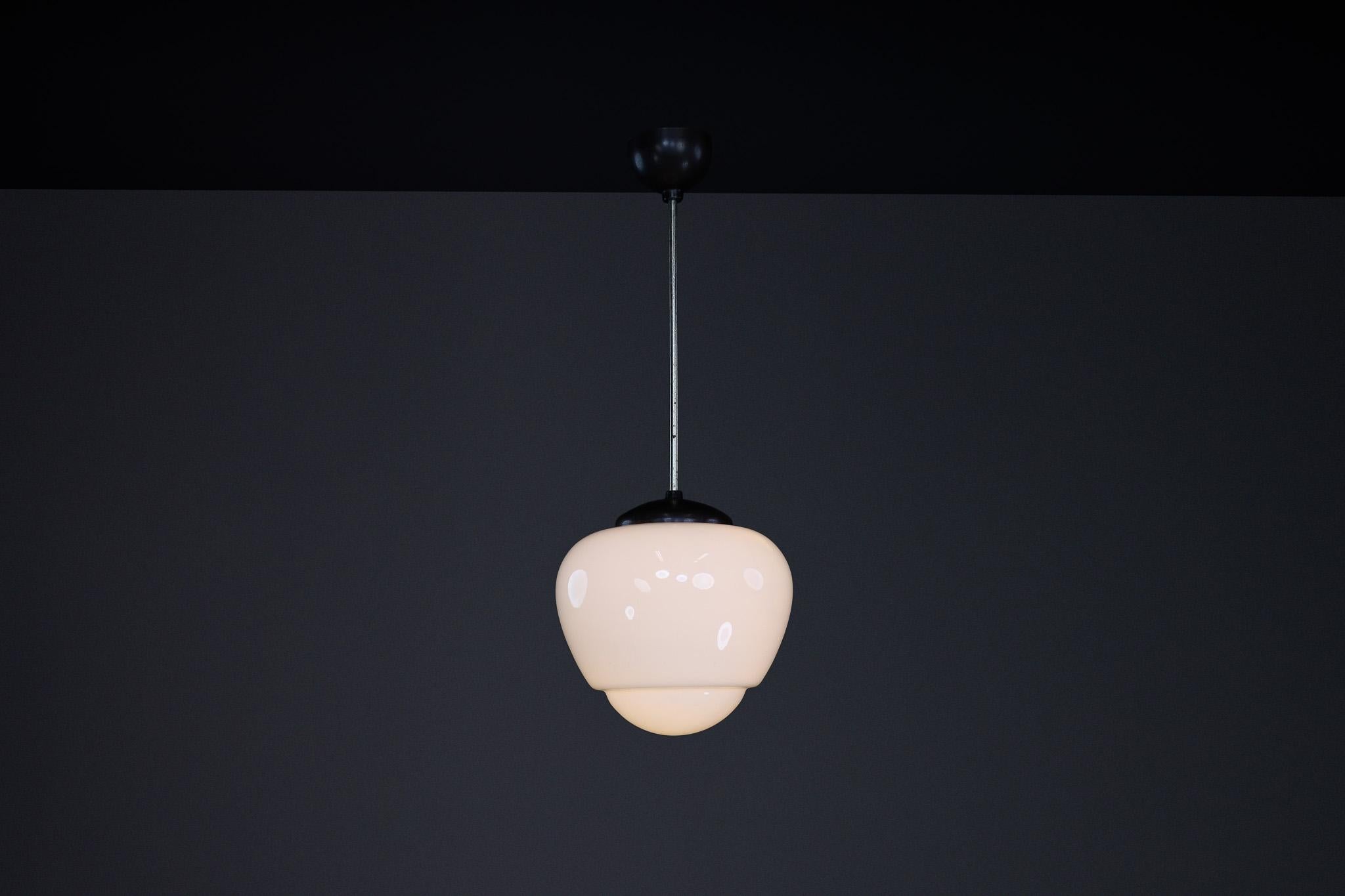 Opaline Glass Bauhaus Opaline & Bakelite Pendant Lamp, Czech Republic 1950s For Sale