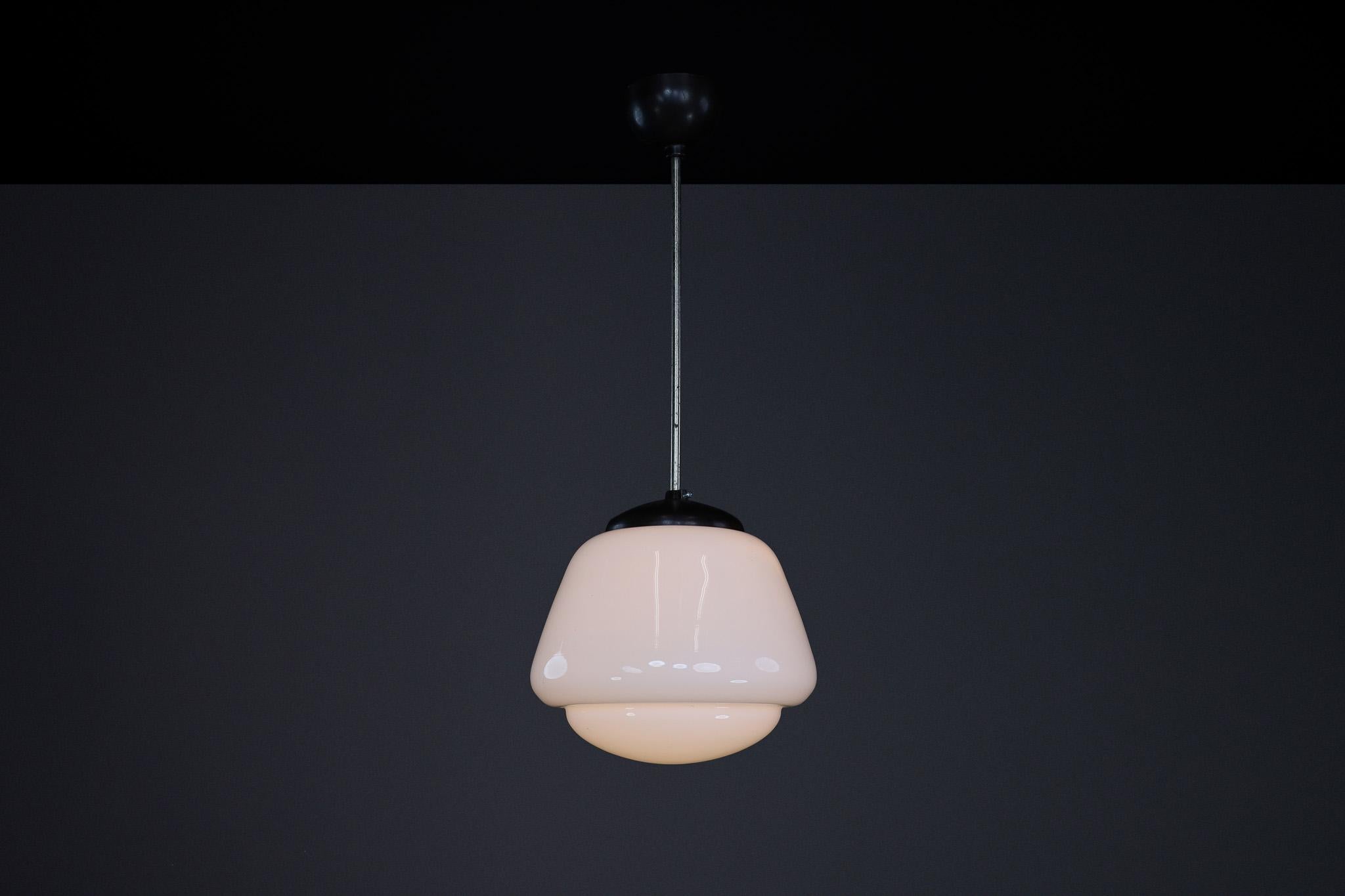 Bauhaus Opaline & Bakelite Pendant Lamp, Czech Republic 1950s For Sale 1