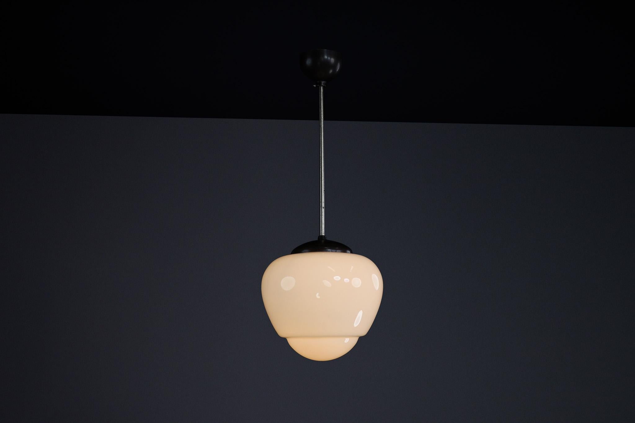 Bauhaus Opaline & Bakelite Pendant Lamp, Czech Republic 1950s For Sale 1