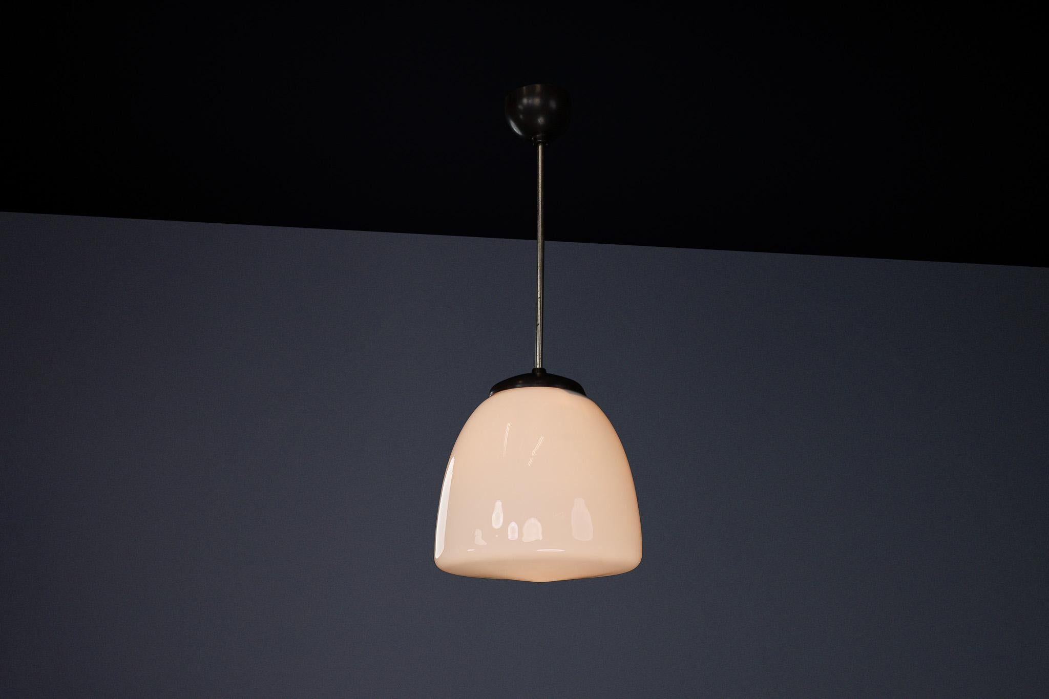 Bauhaus Opaline & Bakelite Pendant Lamp, Czech Republic 1950s For Sale 1