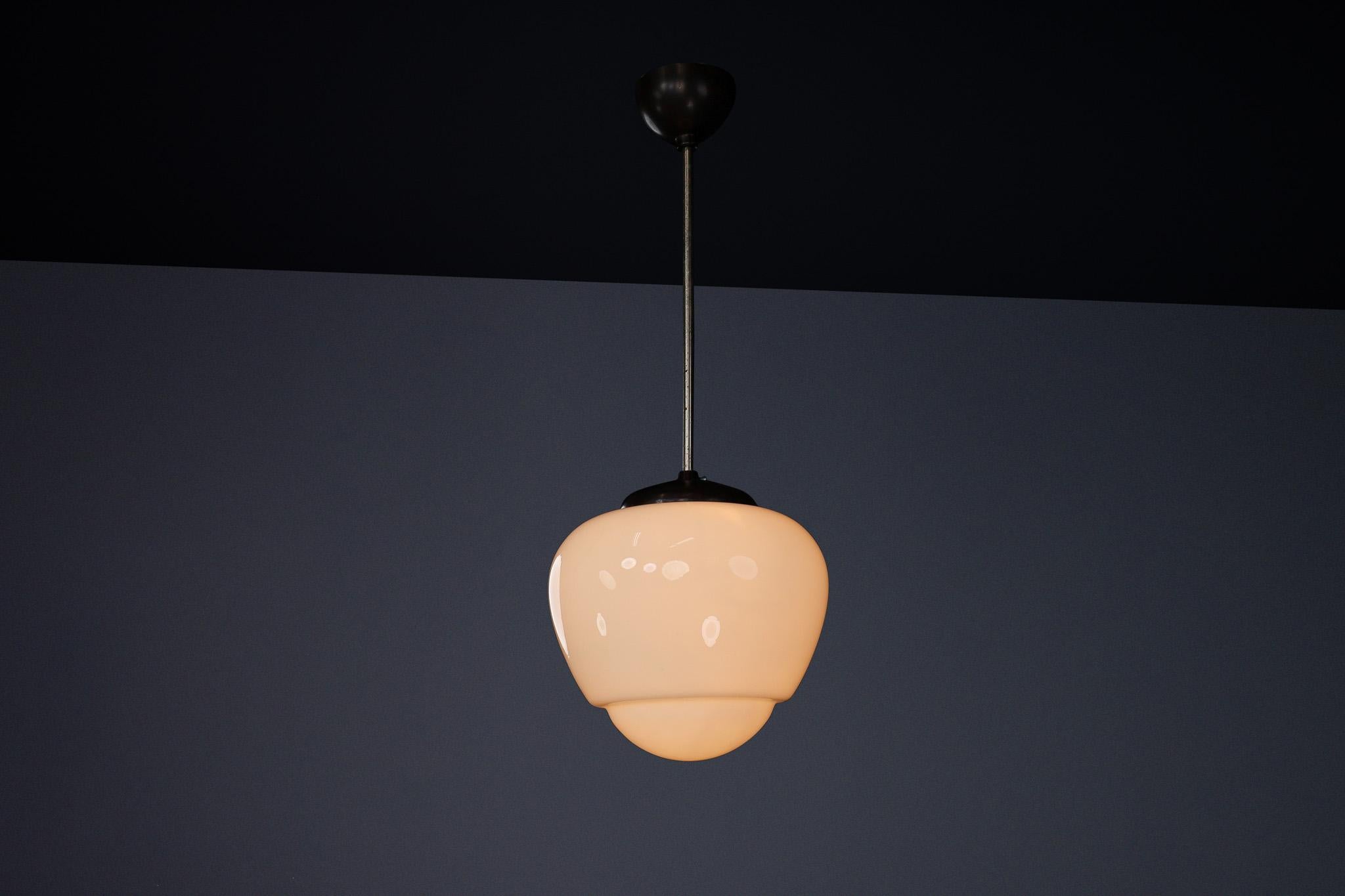 Bauhaus Opaline & Bakelite Pendant Lamp, Czech Republic 1950s For Sale 2
