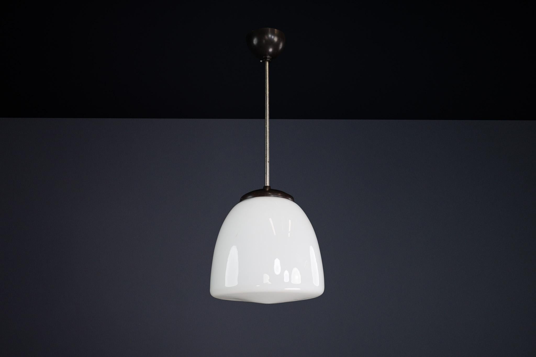 Bauhaus Opaline & Bakelite Pendant Lamp, Czech Republic 1950s For Sale 2