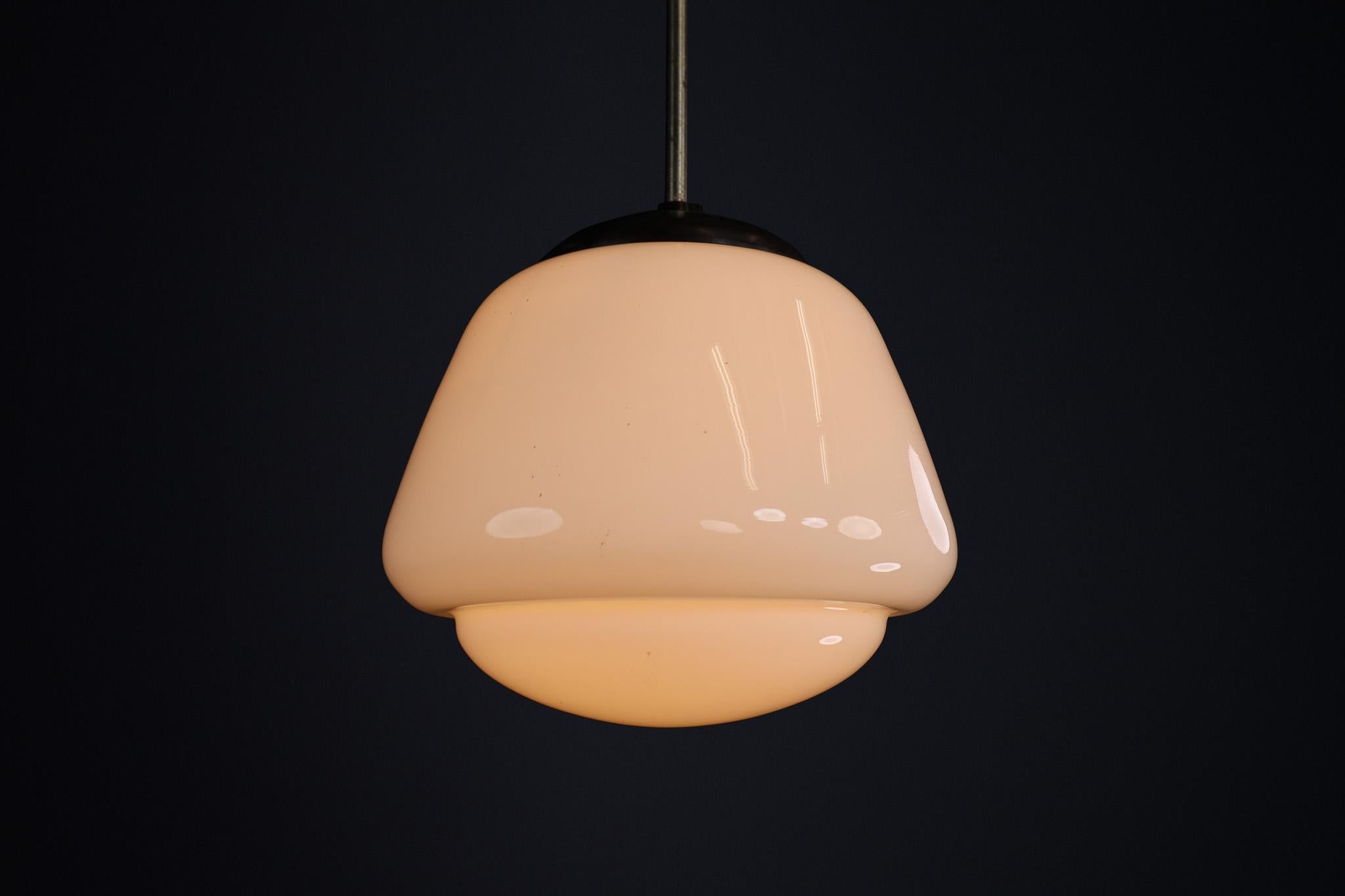 Bauhaus Opaline & Bakelite Pendant Lamp, Czech Republic 1950s For Sale 3