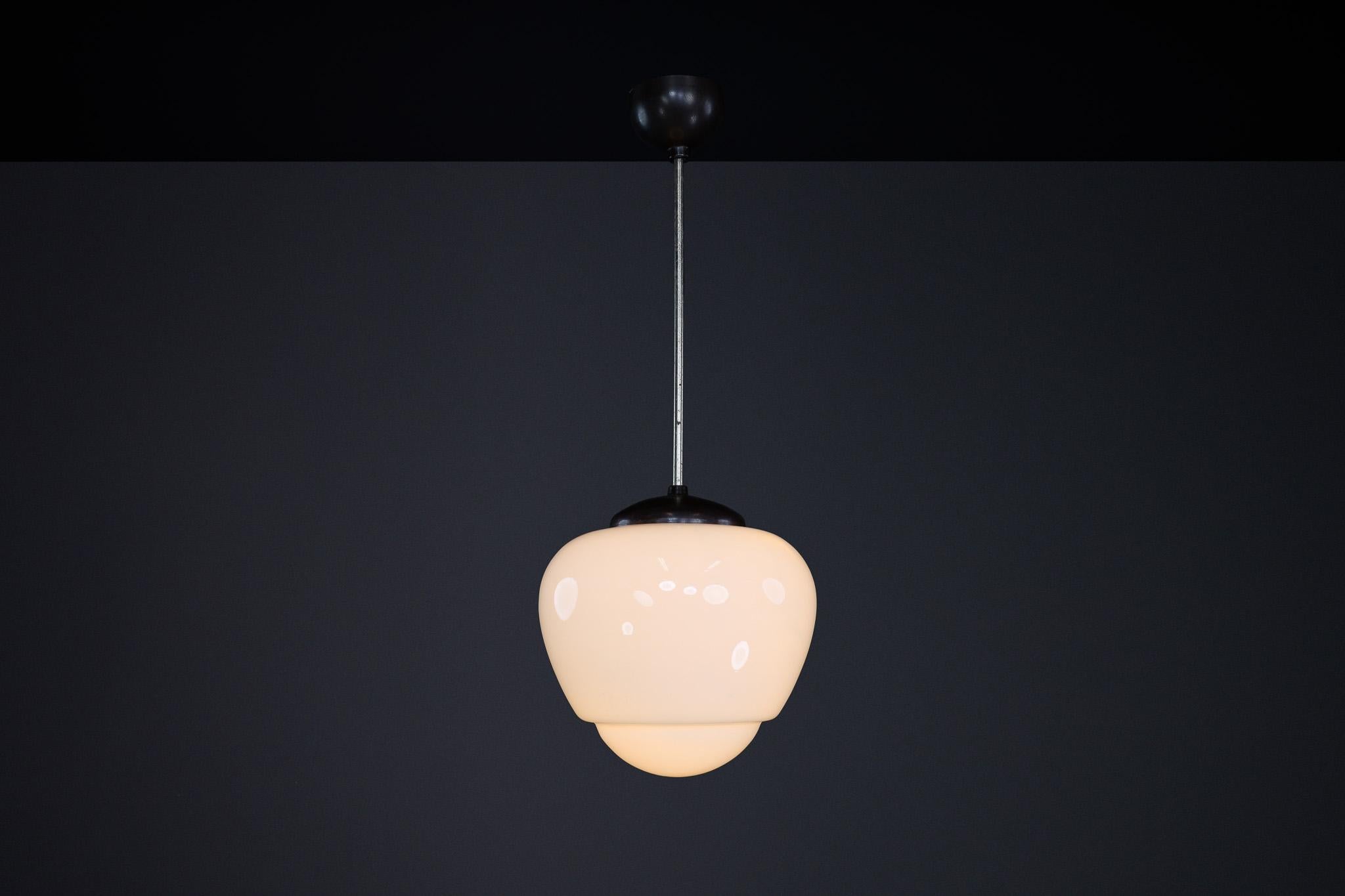Bauhaus Opaline & Bakelite Pendant Lamp, Czech Republic 1950s For Sale 3