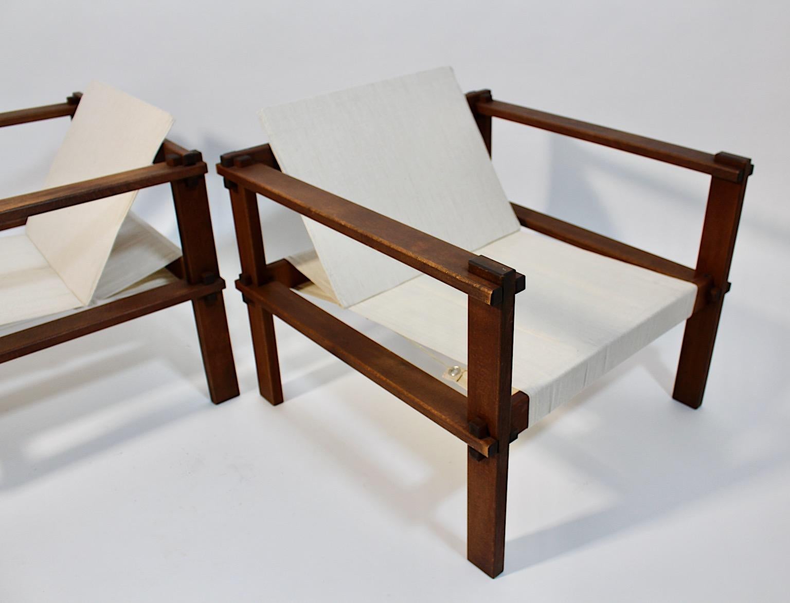 Early 20th Century Bauhaus Pair Duo Beech Canvas Geometric Lounge Chairs 1920s Germany For Sale