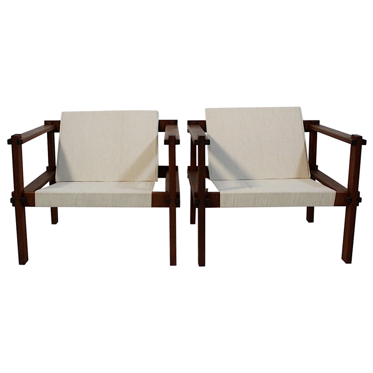 Bauhaus Pair Duo Beech Canvas Geometric Lounge Chairs 1920s Germany