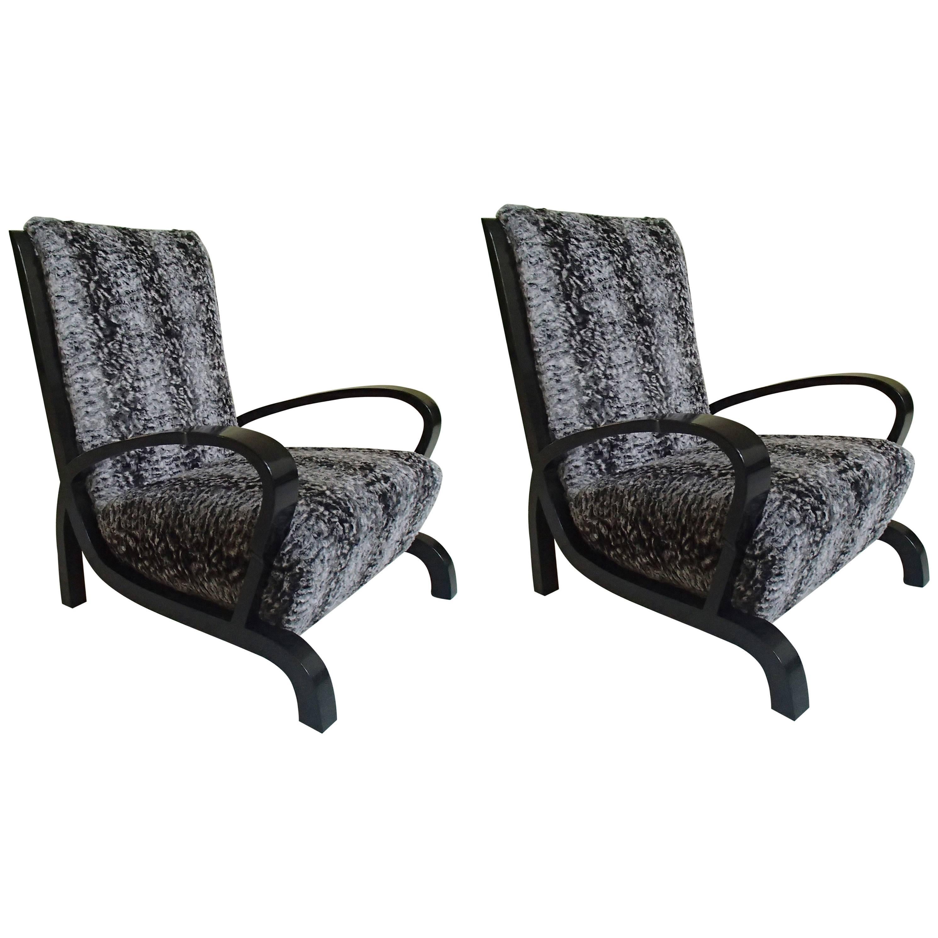 Bauhaus Pair of Armchairs Black Wood and Faux Fur Astrakhan New Recovered Seat