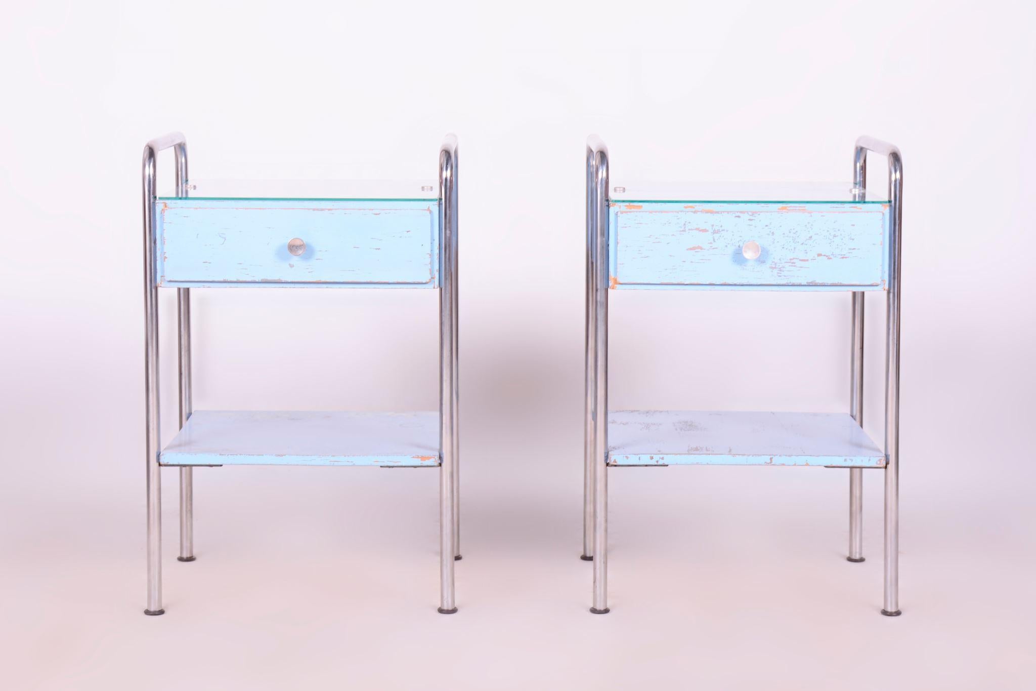 Bauhaus Pair of Bed-Side Tables, Mücke Melder, Plywood, Czechia, 1930s For Sale 3