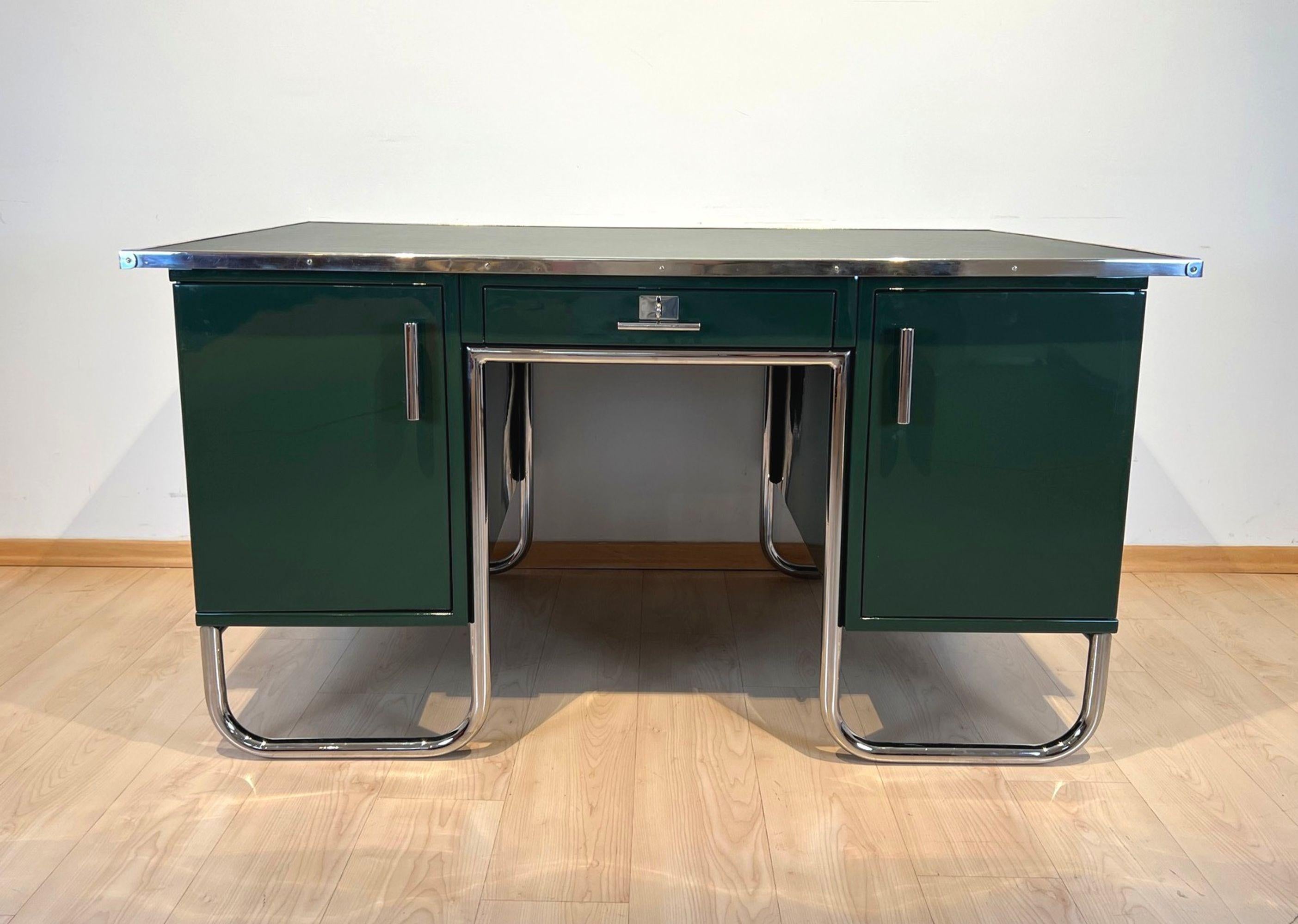 Early 20th Century Large Bauhaus Desk, Steeltube, Green Lacquer, Germany circa 1925 For Sale