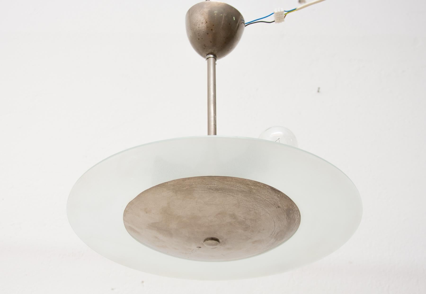 Opaline Glass Bauhaus Pendant Lamp, 1930s, Czechoslovakia