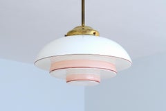 Bauhaus Pendant Lamp in Opaline Pink and Red Painted Glass and Brass, 1930s