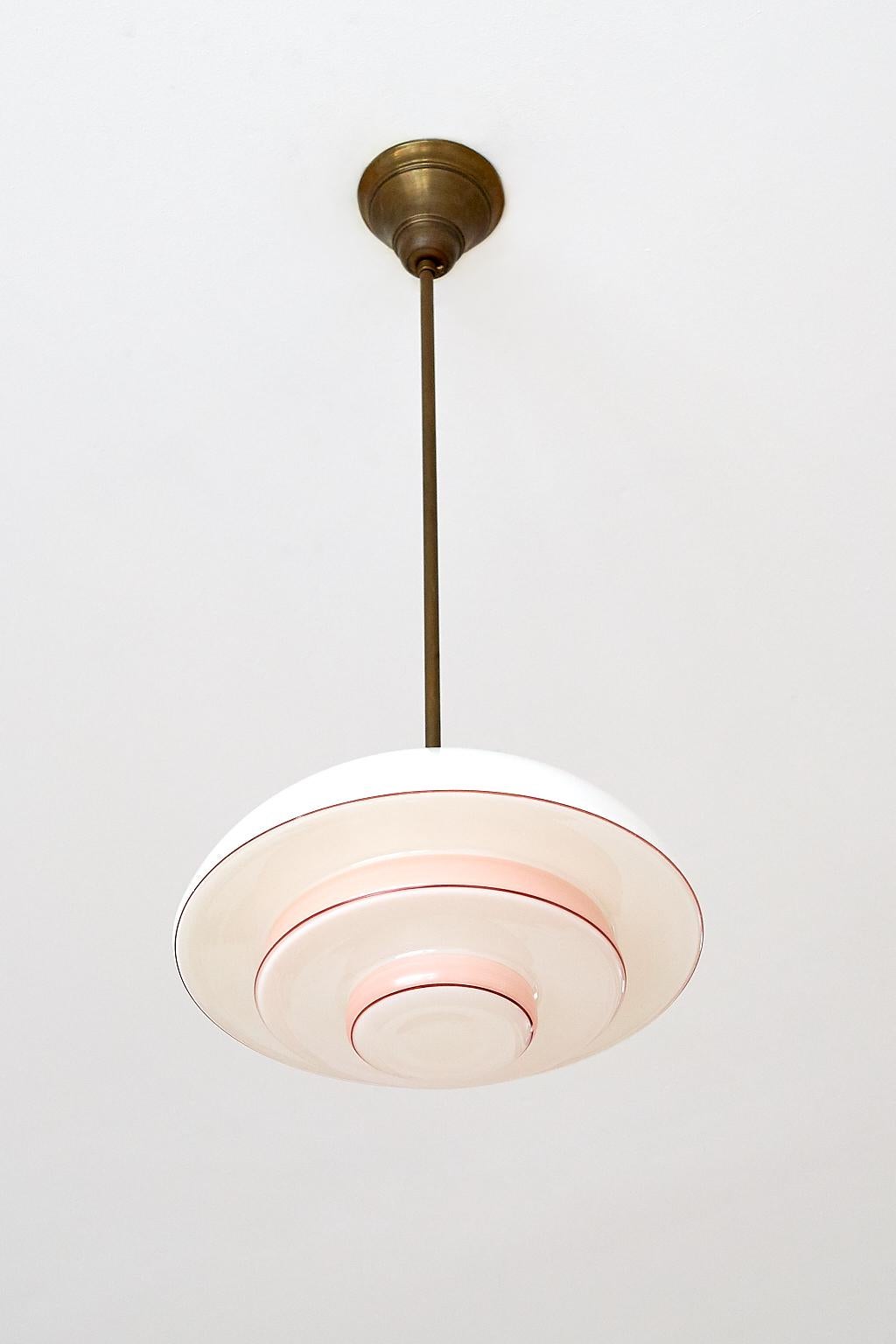 Bauhaus Pendant Lamp in Opaline Pink and Red Painted Glass and Brass, 1930s In Good Condition In The Hague, NL