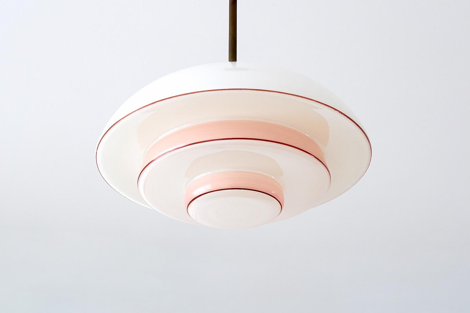Mid-20th Century Bauhaus Pendant Lamp in Opaline Pink and Red Painted Glass and Brass, 1930s