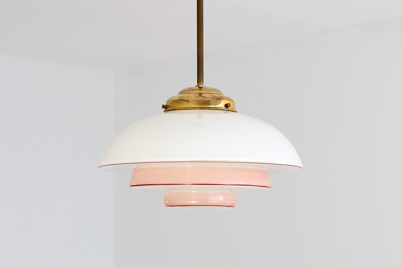 Bauhaus Pendant Lamp in Opaline Pink and Red Painted Glass and Brass, 1930s 2