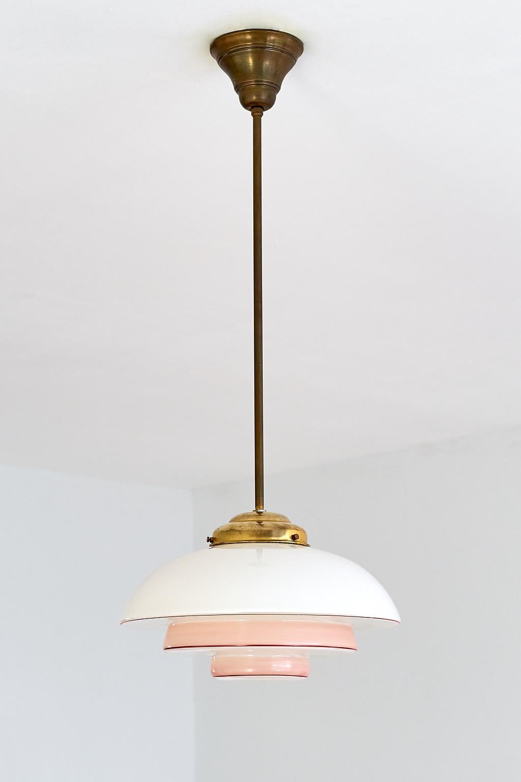 Bauhaus Pendant Lamp in Opaline Pink and Red Painted Glass and Brass, 1930s 4