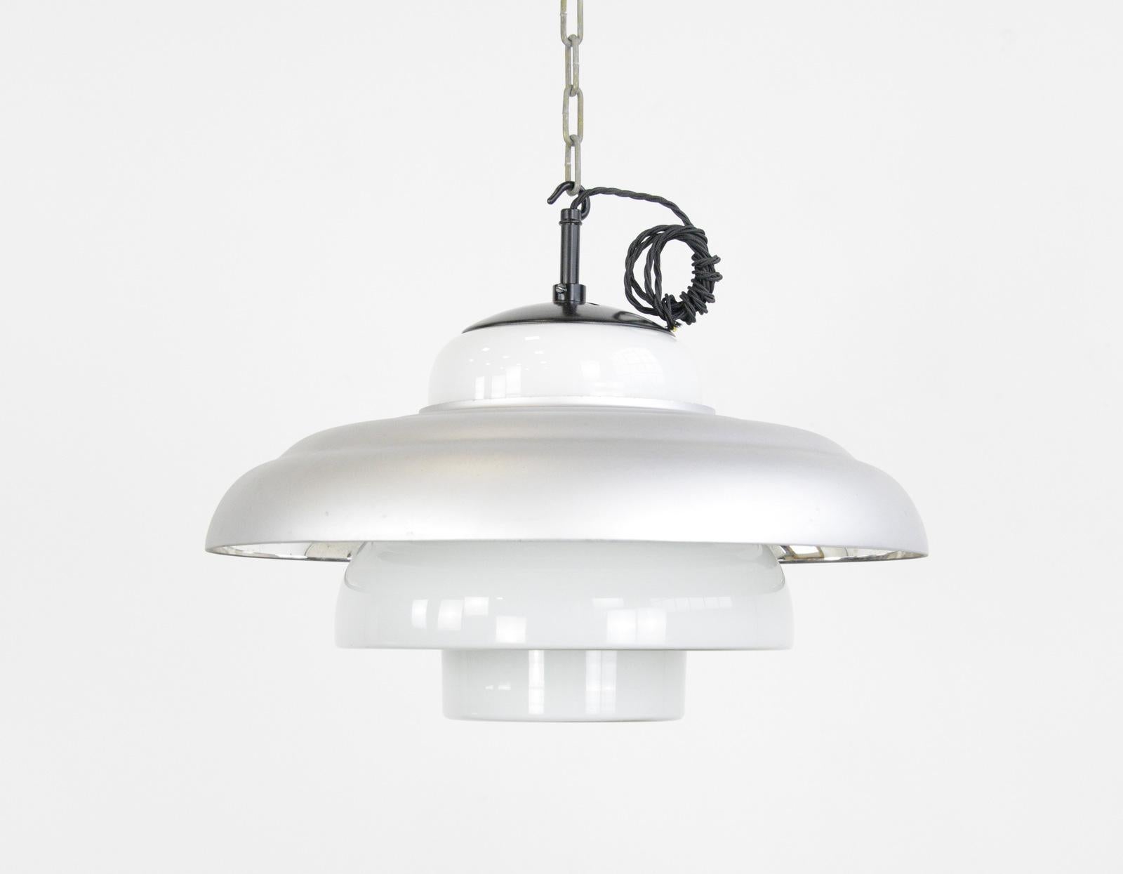 Bauhaus pendant light by Mithras, circa 1930s

- Beehive shaped opaline glass with spiral detail at the bottom
- Mercury glass outer ring
- Takes E27 fitting bulbs
- Comes with 100cm of black braided cable 
- Comes with 100cm of chain and