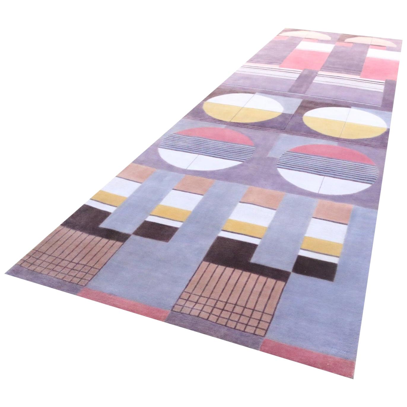 Bauhaus Pink Purple Gold Mauve White Black Hand-Knotted Runner Rug Pair in Stock