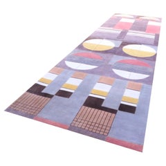 Bauhaus Pink Purple Gold Mauve White Black Hand-Knotted Runner Rug in Stock