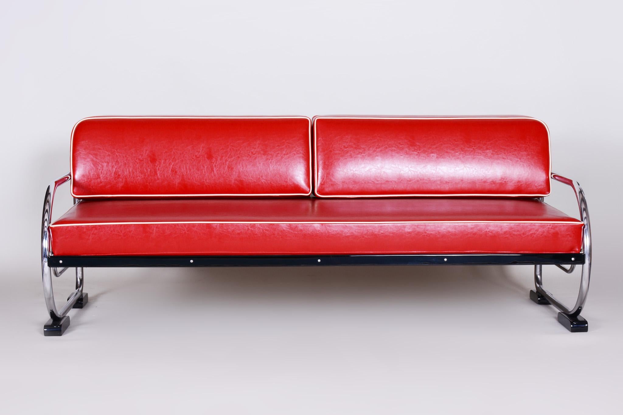 Rotes Bauhaus-Sofa aus verchromtem Stahlrohr von Robert Slezák, Design by Thonet, 1930er Jahre (20. Jahrhundert) im Angebot