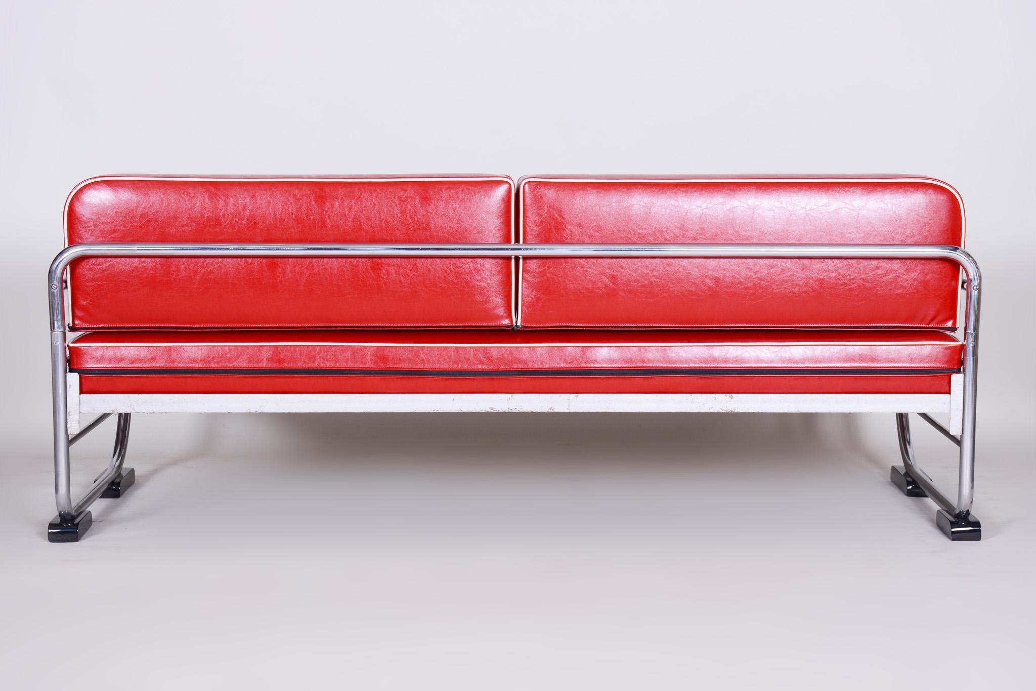 Canapé Bauhaus en acier chromé tubulaire rouge de Robert Slezák, Design by Thonet, années 1930 en vente 1