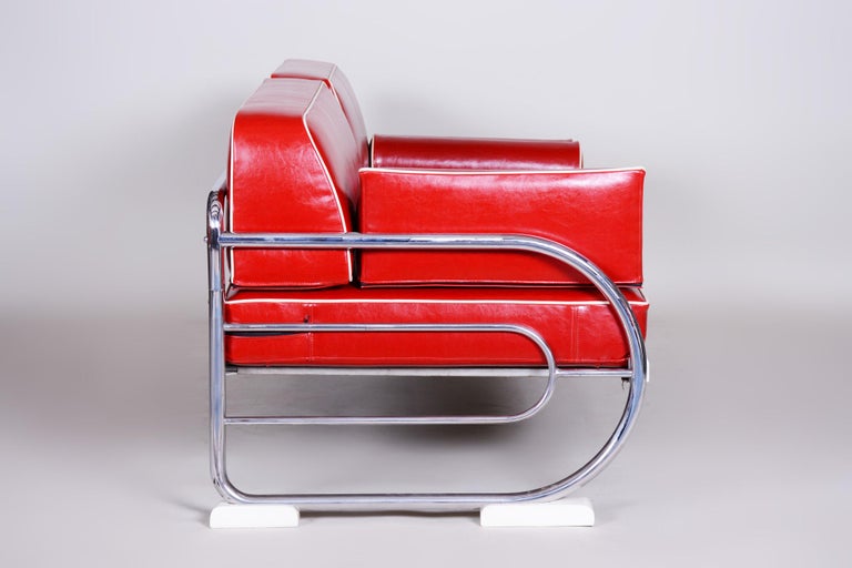 Bauhaus Red Tubular Chromed Steel Sofa by Robert Slezák, Design by Thonet, 1930s For Sale 1