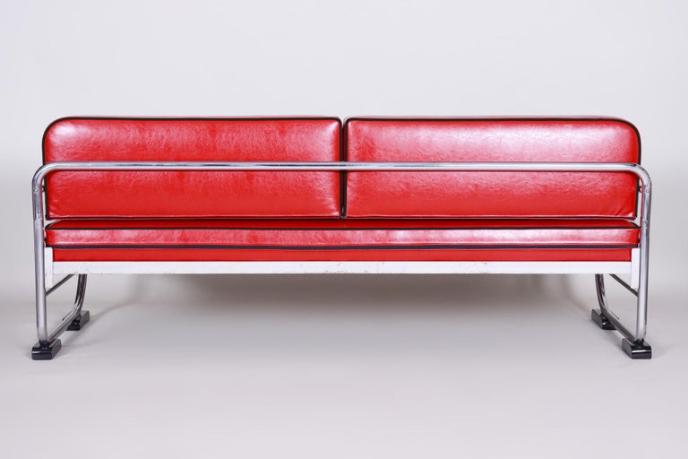 Bauhaus Red Tubular Chromed Steel Sofa by Robert Slezák, Design by Thonet, 1930s For Sale 1